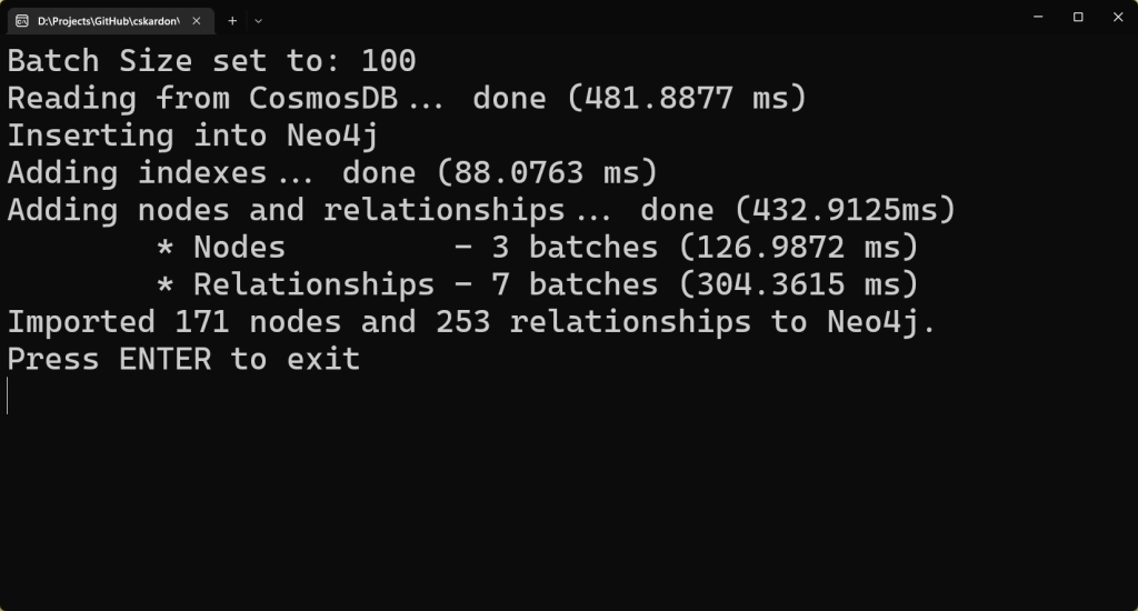 A picture of a console window with the following text:
Batch Size set to: 100
Reading from CosmosDB... done (481.8877 ms)
Inserting into Neo4j
Adding indexes... done (88.0763 ms)
Adding nodes and relationships... done (432.9125ms)
        * Nodes         - 3 batches (126.9872 ms)
        * Relationships - 7 batches (304.3615 ms)
Imported 171 nodes and 253 relationships to Neo4j.
Press ENTER to exit
